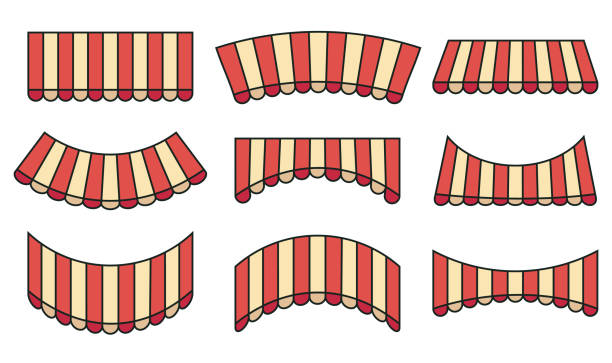 illustrations, cliparts, dessins animés et icônes de store tent canopy roof awning shop umbrella stripe isolated set. vector graphic design element illustration - furniture store furniture retail textile