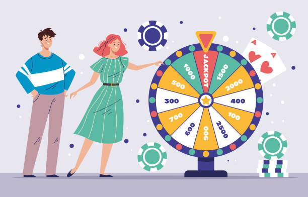 ilustrações de stock, clip art, desenhos animados e ícones de lottery luck lucky win wheel spin game jackpot roulette concept. vector graphic design illustration - people gambling line art casino