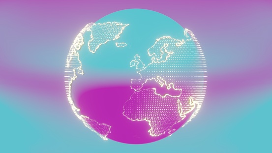 3D abstract rendition of Earth in a holographic style, offering a unique and futuristic perspective of our planet. The holographic Earth rotates gracefully, with continents and oceans shimmering.