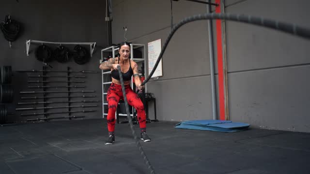 Mature strong woman exercising with battle rope