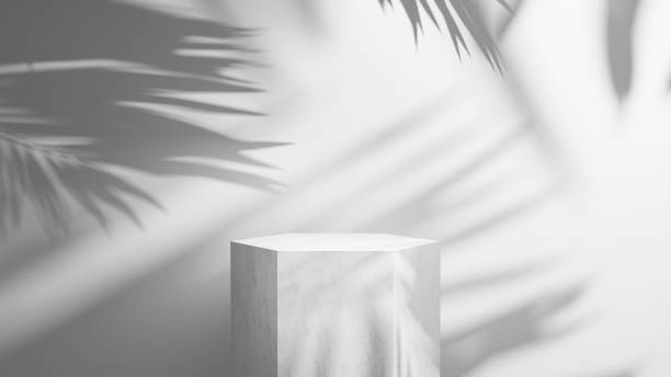 istock White marble podium stage with sunlight and leafs shadows backdrop on white plaster wall background, empty white abstract background stage empty place for products, podium, product placement 1950327309