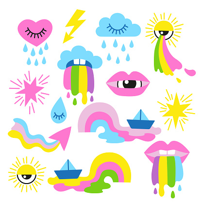 Vector hand drawn illustration. Set of doodle psychedelic elements in a flat cartoon style