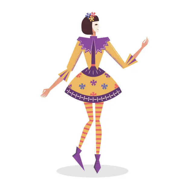 Vector illustration of A character from the Venetian festival. Masquerade costume of a doll. Cheerful harlequin in yellow dress. Flat vector illustration isolated on white background.