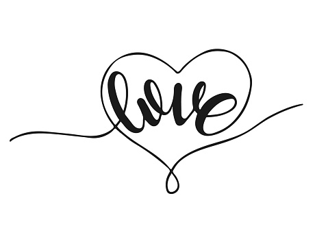 Handwritten Love in heart shape. Continuous line lettering. Black Line Hand Drawn Illustration Isolated on White. Valentine's day design element. Love feeling emotion concept