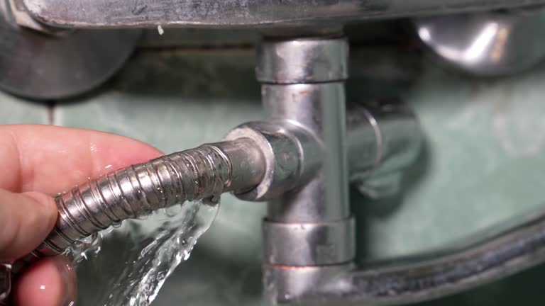 Man's hand holding damaged leaking water faucet hose bathroom, plumbing concept