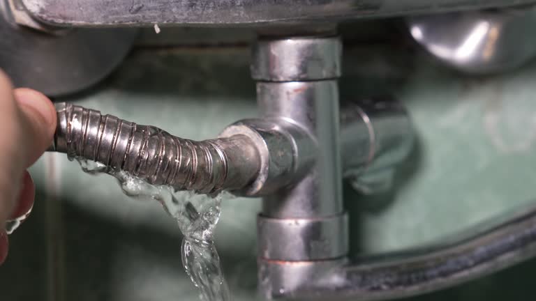 Man's hand holding damaged leaking water faucet hose bathroom, plumbing concept