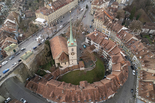 Aerial view of Bern City with church steeple in the late afternoon  in winter