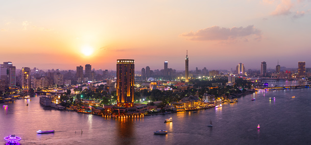 Cairo downtown panorama, Nile and the skyscrappers at night, Egypt.