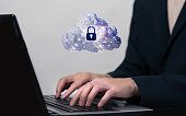 Businessman transferring backup business data to the cloud, Backing up data in multiple locations to prevent data loss, Data management technology, Cyber security.