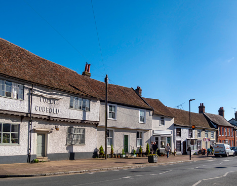 Part of the High Street in Needham Market, Suffolk, Eastern England, on a sunny autumn day.