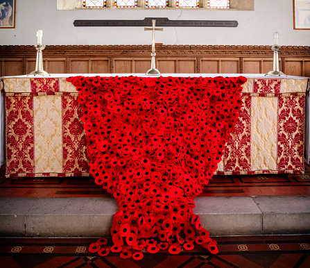 In St John the Baptist church in Needham Market, Suffolk, Eastern England, the altar is decorated with a cascade of poppies to commemorate Armistice Day on 11th November.
