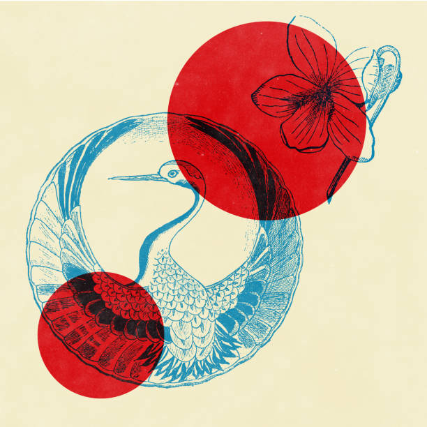 Risograph overprinting style Japanese crane and violet flower design.