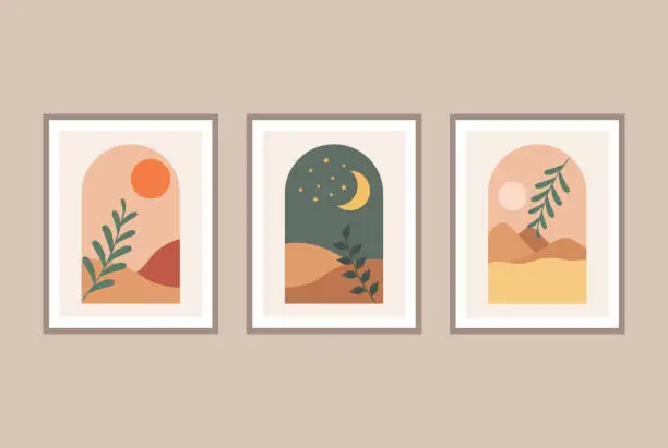 Vector illustration of Boho Style Wall Art Set. Picture Frames With Natural Abstract Landscape Background For Decoration
