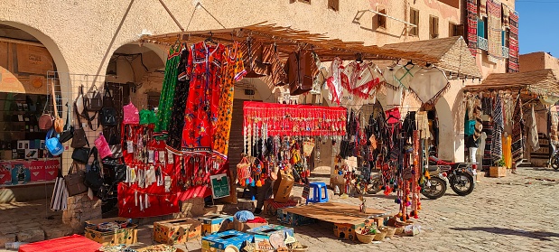 close-up of a store in the market square in downtown Ghardaïa, a popular place selling rugs, local crafts and handmade carpets. Oasis M'zab, Algeria.