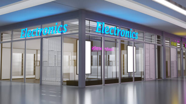 istock Electronics store facade with glass storefront and roll-up doors, neon signs 1950472785