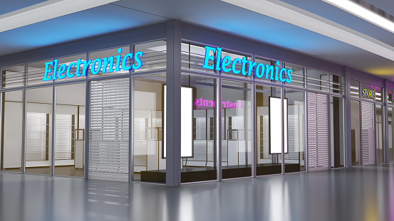 Electronics store facade with glass storefront and roll-up doors, neon signs, rows of empty shelvings inside. 3d illustration