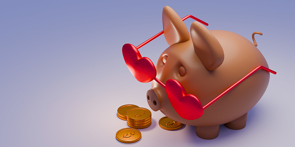 Happy Valentine's Day Banner Greeting Card Pig and Coins. 3d render.