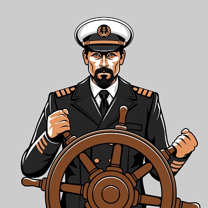 A man with a beard in a captain's uniform at the helm of the ship. Vector illustration