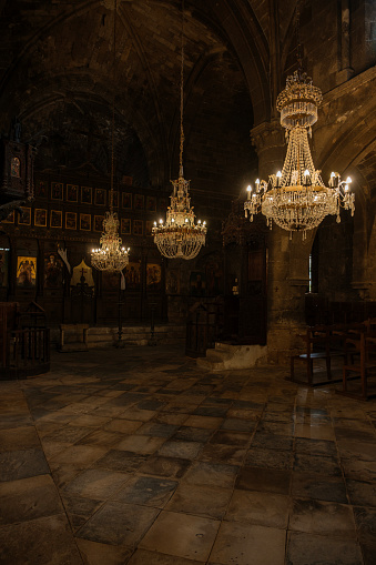 Bellapais Monastery in Kyrenia and old chandeliers of the monastery, North Cyprus