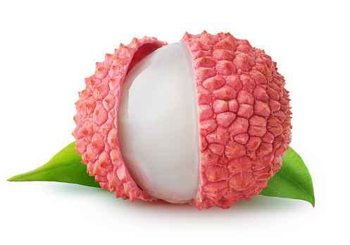 Isolated fresh lychee. Cut lichee fruit with leaves isolated on white background