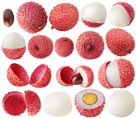 Isolated lychee collection. Fresh lichee fruits of different shapes, whole and cut, isolated on white background