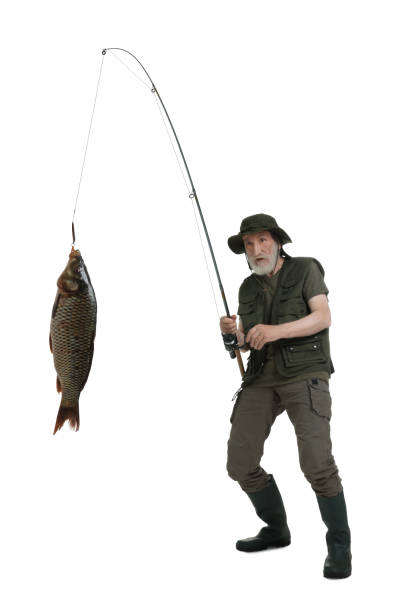 istock Fisherman catching fish with rod on white background 1950527838