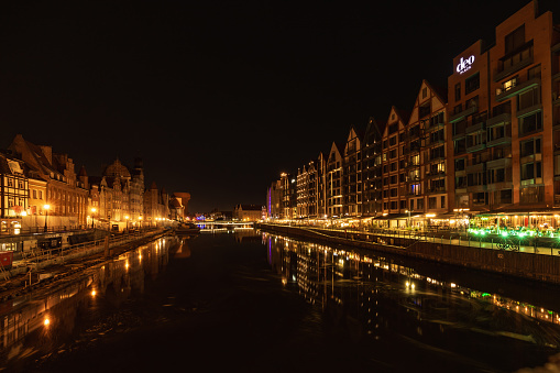 Gdansk, Poland - September 7 2023: Beautiful night cityscapes of streets and buildings of Gdansk city