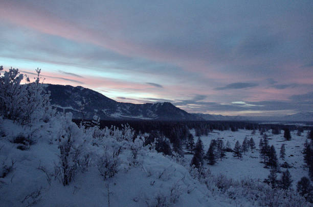 istock Cold snowy mountain landscape at sunset. 1950537447