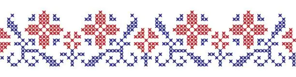 Vector illustration of Embroidered cross-stitch seamless border pattern with flowers