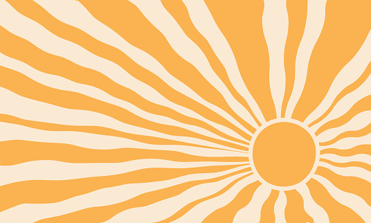 Groovy sun pattern, retro summer ray background, wave radial sunshine, yellow vintage shape. Cartoon vector illustration
