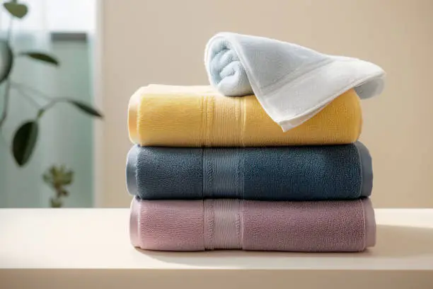 Photo of Stack of soft bath towels.