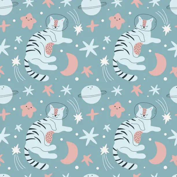 Vector illustration of Seamless space cat pattern. Cute sleeping cat in a spacesuit, planets and stars. Children's pattern for clothes, wallpaper, packaging, bed linen