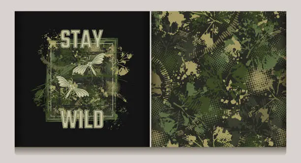 Vector illustration of Abstract khaki green camouflage pattern, label with splattered paint, paint brush strokes, leaves, halftone shapes, text Stay Wild. For apparel, fabric, textile, ort goods Grunge texture No AI