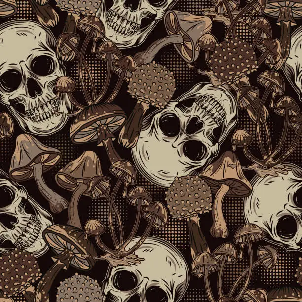 Vector illustration of Brown camouflage pattern with human skulls and mushrooms. Random composition. Vintage style. For apparel, clothing, fabric, textile, sport goods.