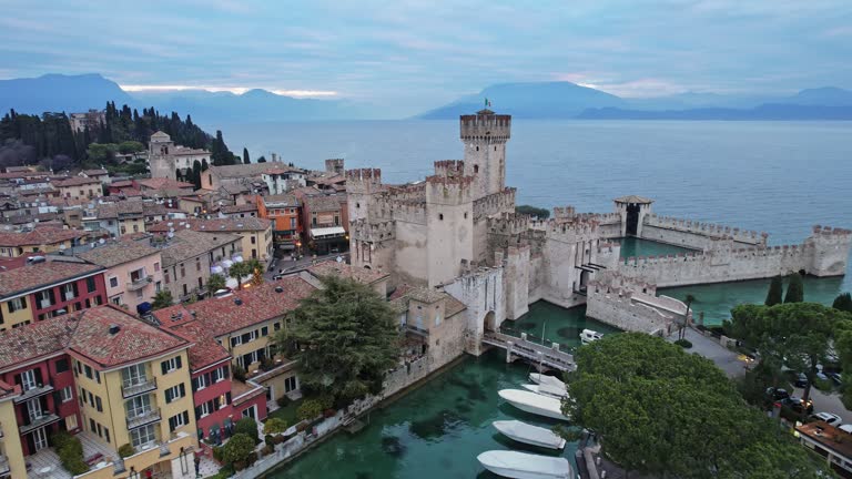 Aerial View of Castle With Flag, Italy Garda Lake