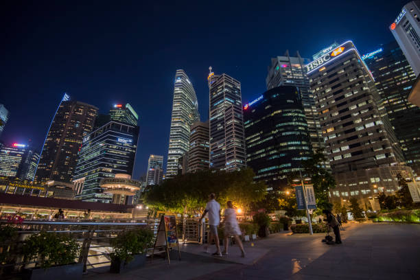Singapore City, Singapore-September 08,2023: Night view at modern architecture of Singapore.