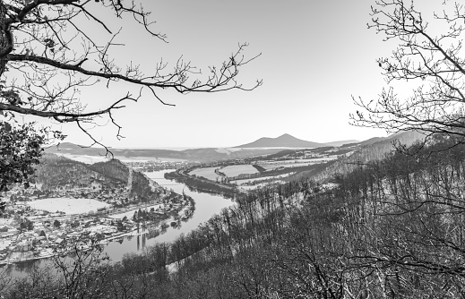 Winter view for valley of river Labe in frosty snowy landscape mountains