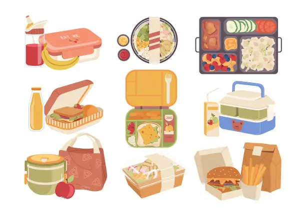 Vector illustration of School lunch boxes, fast food containers, packed meals and drinks, healthy nutrition bags set