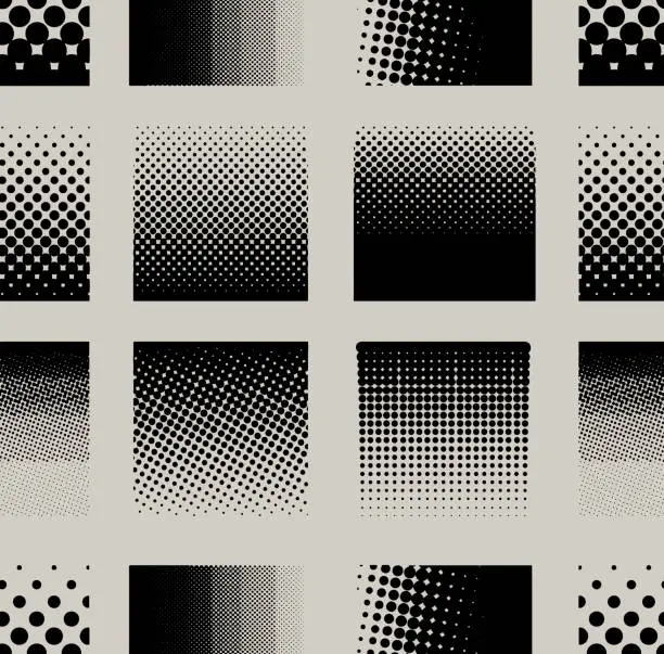 Vector illustration of Seamless square halftone element, monochrome abstract graphic prepress or generic concepts. Halftone set with square dots. Seamless shape with dotted gradient. Modern trendy vector.