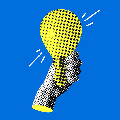 Hand holding light bulb. Idea concept. Modern collage. Halftone design elements cut from newspaper. Inspiration. Creative thinking in business. Scientific discoveries. Successful learning. Brainstorm