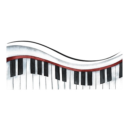 Musical piano keys, synthesizer. The watercolor illustration is hand-drawn. For posters, flyers and invitation cards. For posters, banners and postcards