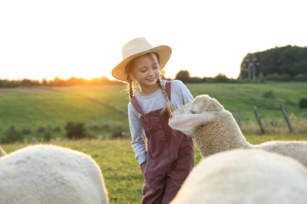 Young girl with sheeps and goats on the green hills on the farm in the springtime.