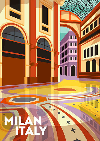 Travel Destination Poster. Beautiful cityscape with architectural landmarks and historical buildings of Milan. Vacation or holiday in Italian city. Journey to Europe. Cartoon flat vector illustration