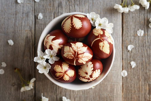 Brown Easter eggs colored with onion skins with a pattern of herbs, with white cherry flowers