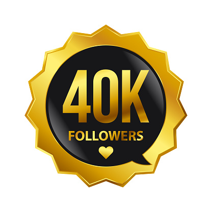 40000 Followers vector icon. Social Media Glossy button with 40K golden text (Forty thousand)