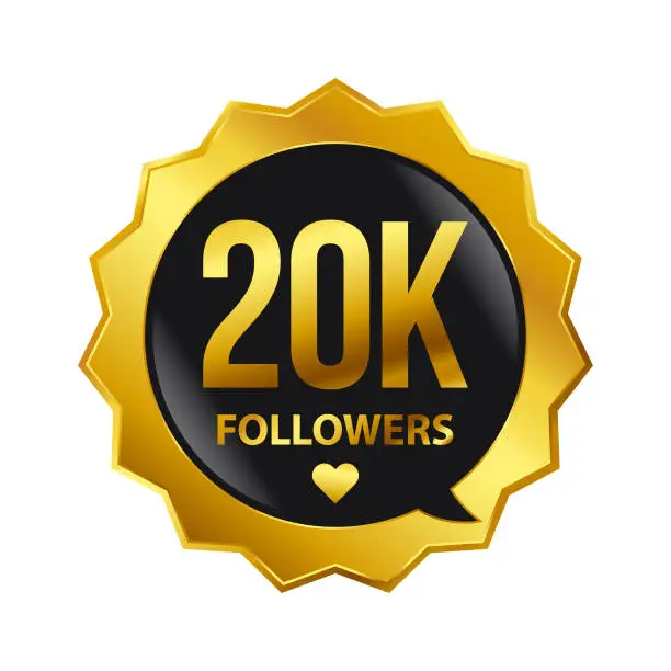 Vector illustration of 20000 Followers vector icon. Social Media Glossy button with 20K golden text (Twenty thousand)