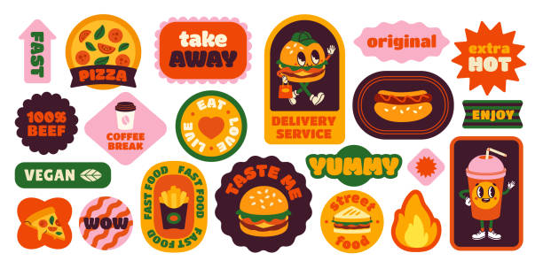 Set of retro fast food stickers Set of retro fast food stickers. Vintage groovy badges with burgers, fries, pizza and coffee to go. Design elements for cafe and restaurant. Cartoon flat vector collection isolated on white background bar restaurant icon stock illustrations