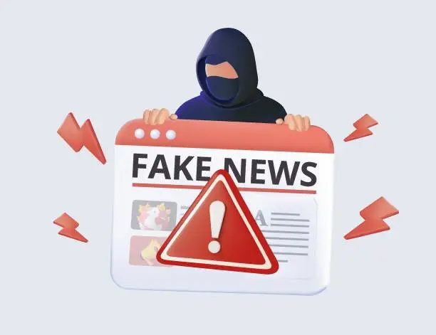 Vector illustration of Hooded hacker person using computer in infodemic concept with digital disinformation. Fake news trendy 3D conception.