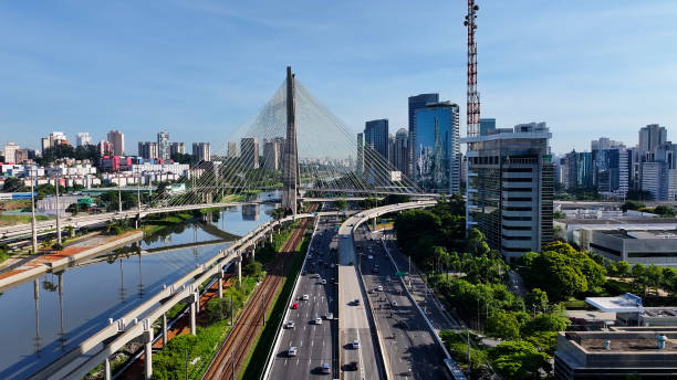 Cable Stayed Bridge At Downtown In Sao Paulo Brazil. Sao Paulo Brazil Bridge. Traffic Road. Sao Paulo Brazil. City Life Landscape. Cable Stayed Bridge At Downtown In Sao Paulo Brazil.