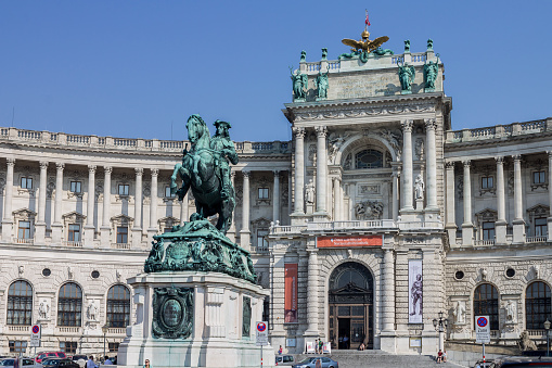Vienna, Austria - October 09, 2013: Archduke Albrecht monument and Albertina museum in the Innere Stadt of Vienna. Horseback statue near the entrance to the Albertina art gallery.